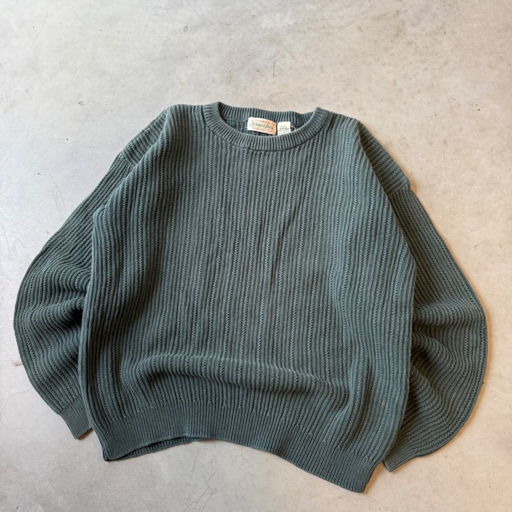 Vintage St Johns Bay Mens Green Cotton Shaker Knit Crewneck Sweater Large